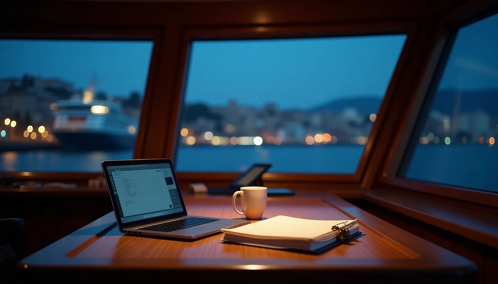 Ship bridge desk with a laptop and documents above a harbour at night