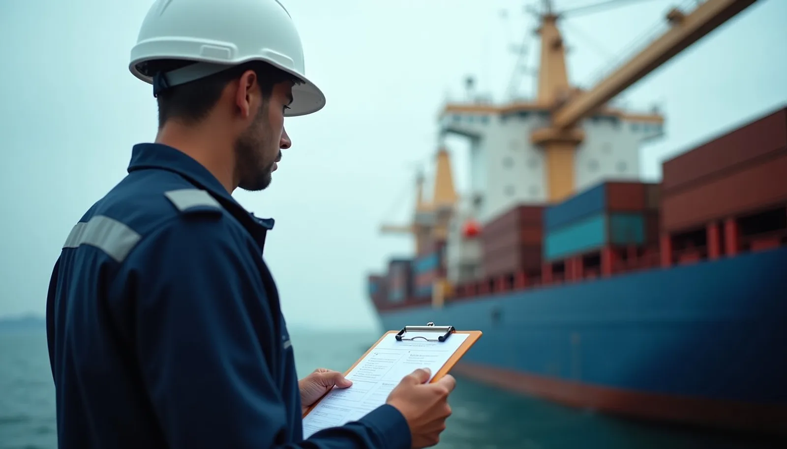 Surveyor inspecting a vessel with a clipboard