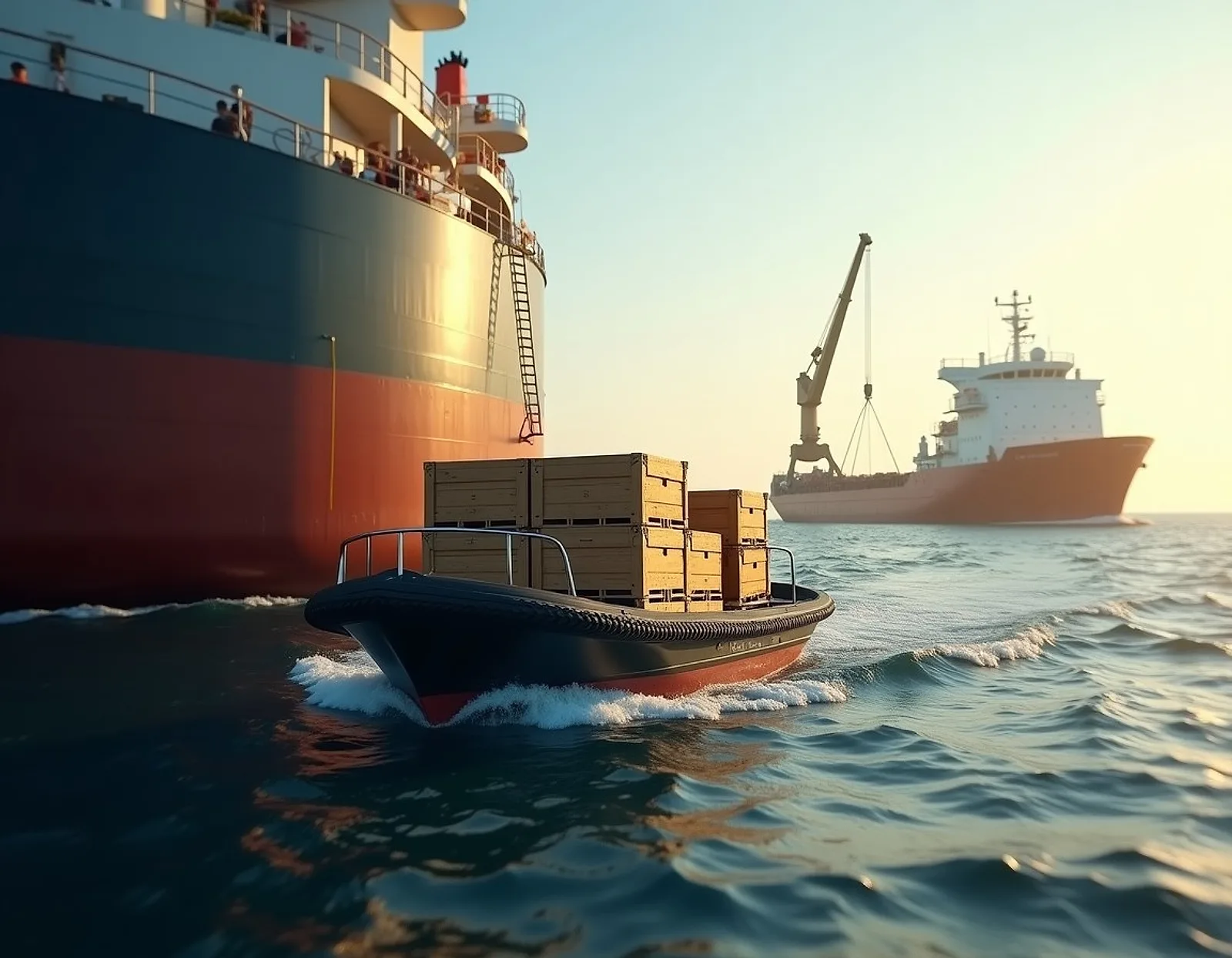 Supply launch carrying crates alongside an anchored ship