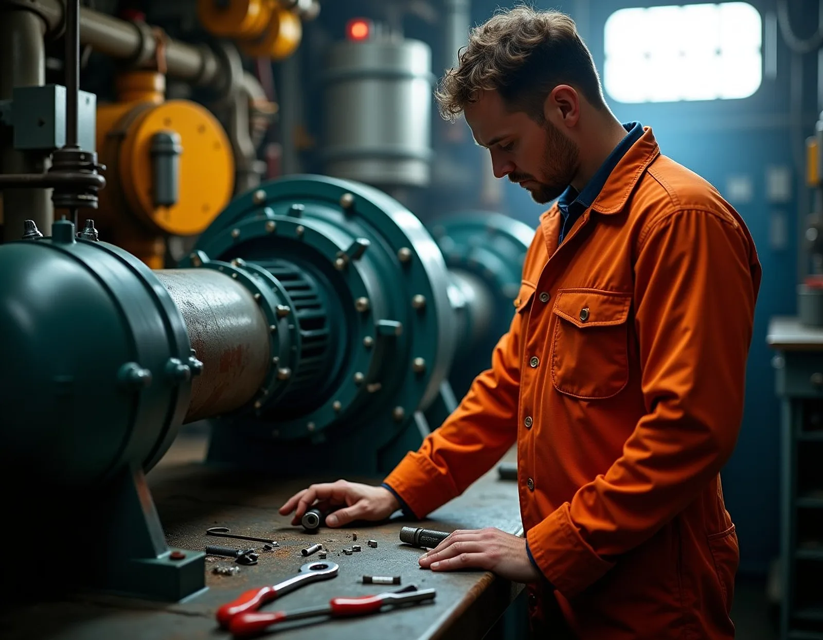Ship engineer overhauling a centrifugal pump in an engine room workshop