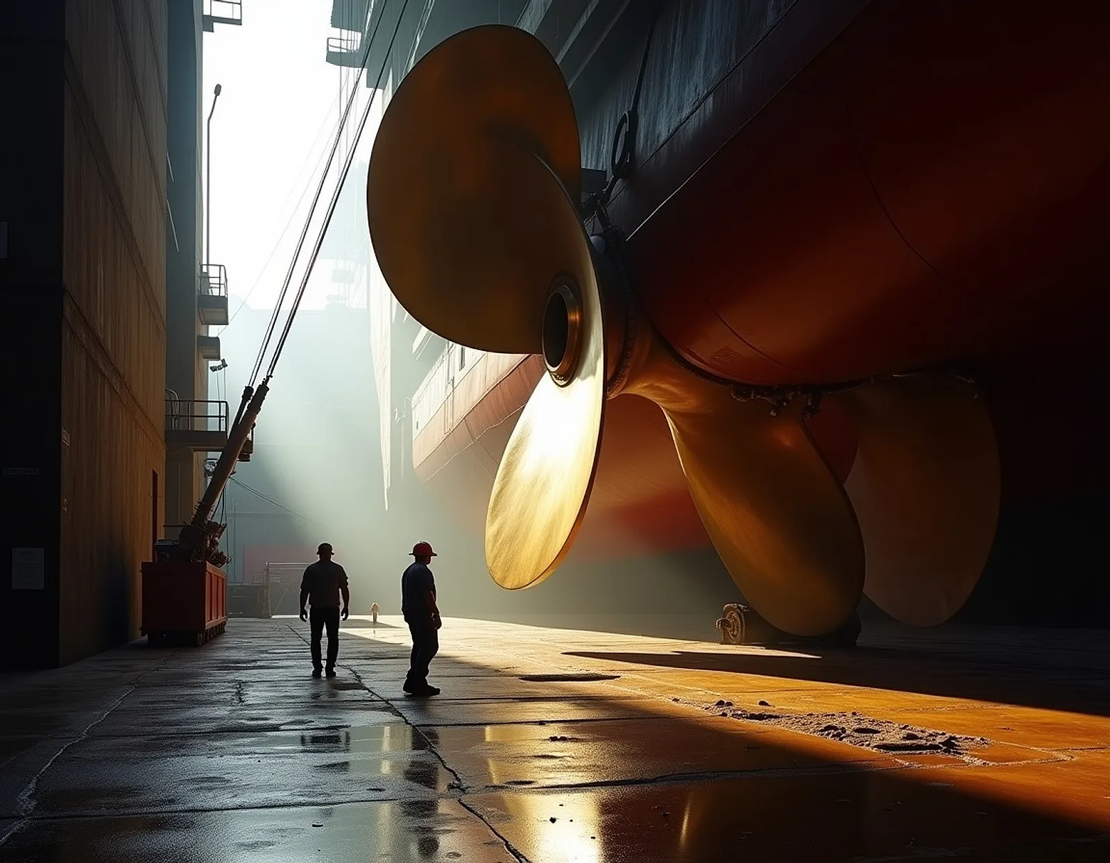 Bronze ship propeller in a dry dock