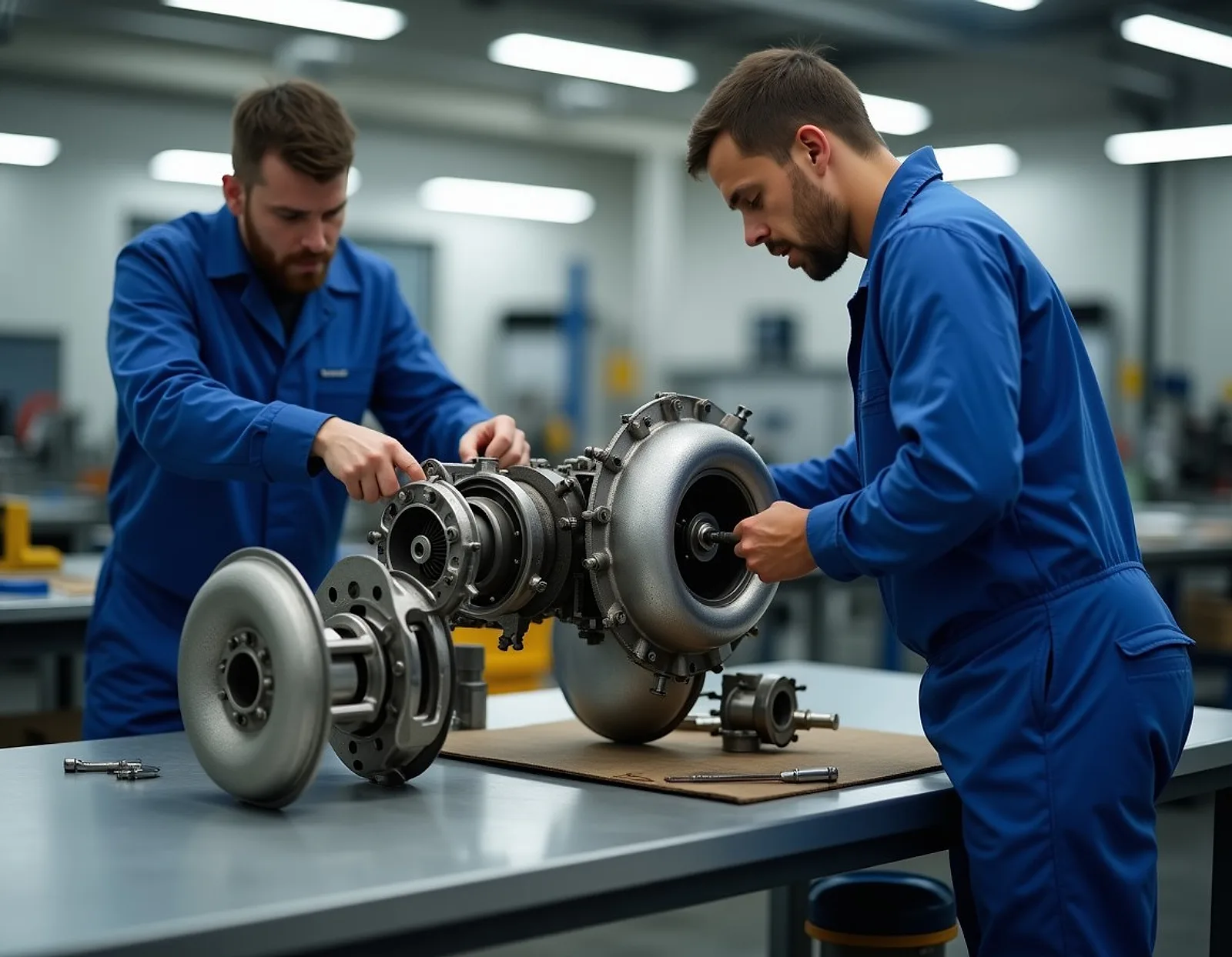 Two engineers inspecting a disassembled turbocharger on a workshop bench